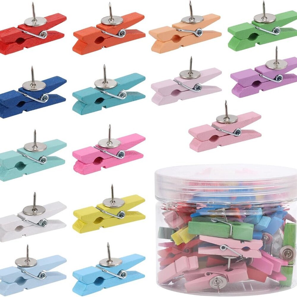 50Pcs Wooden Clips Push Pins Tacks for Cork Board Artwork for Crafts Arts Projec
